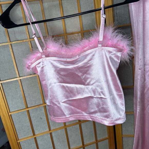 Pink Satin and Feather Trim Top & Pants Set - Picture 6 of 12